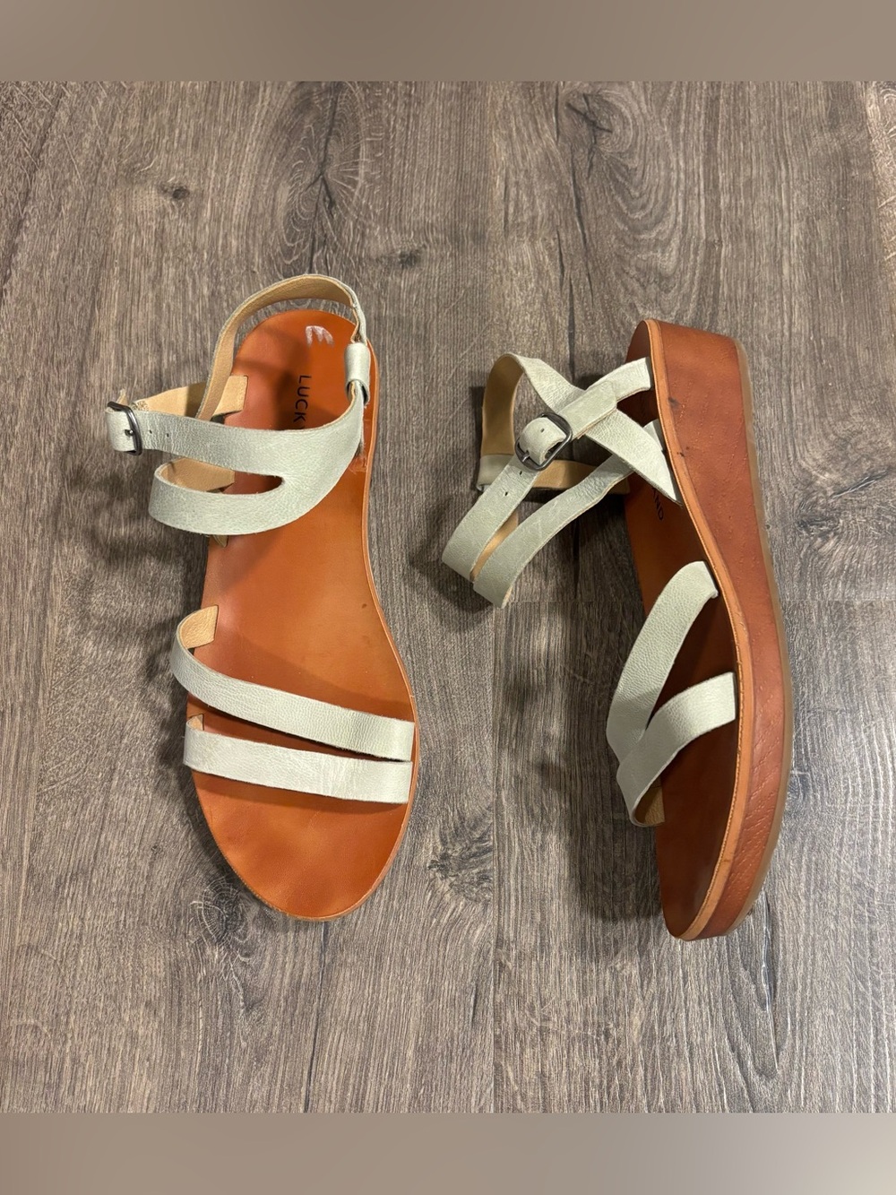 Lucky Brand Hecilia Leather Wedge Strappy Sandals Sage Green Women’s size 8M